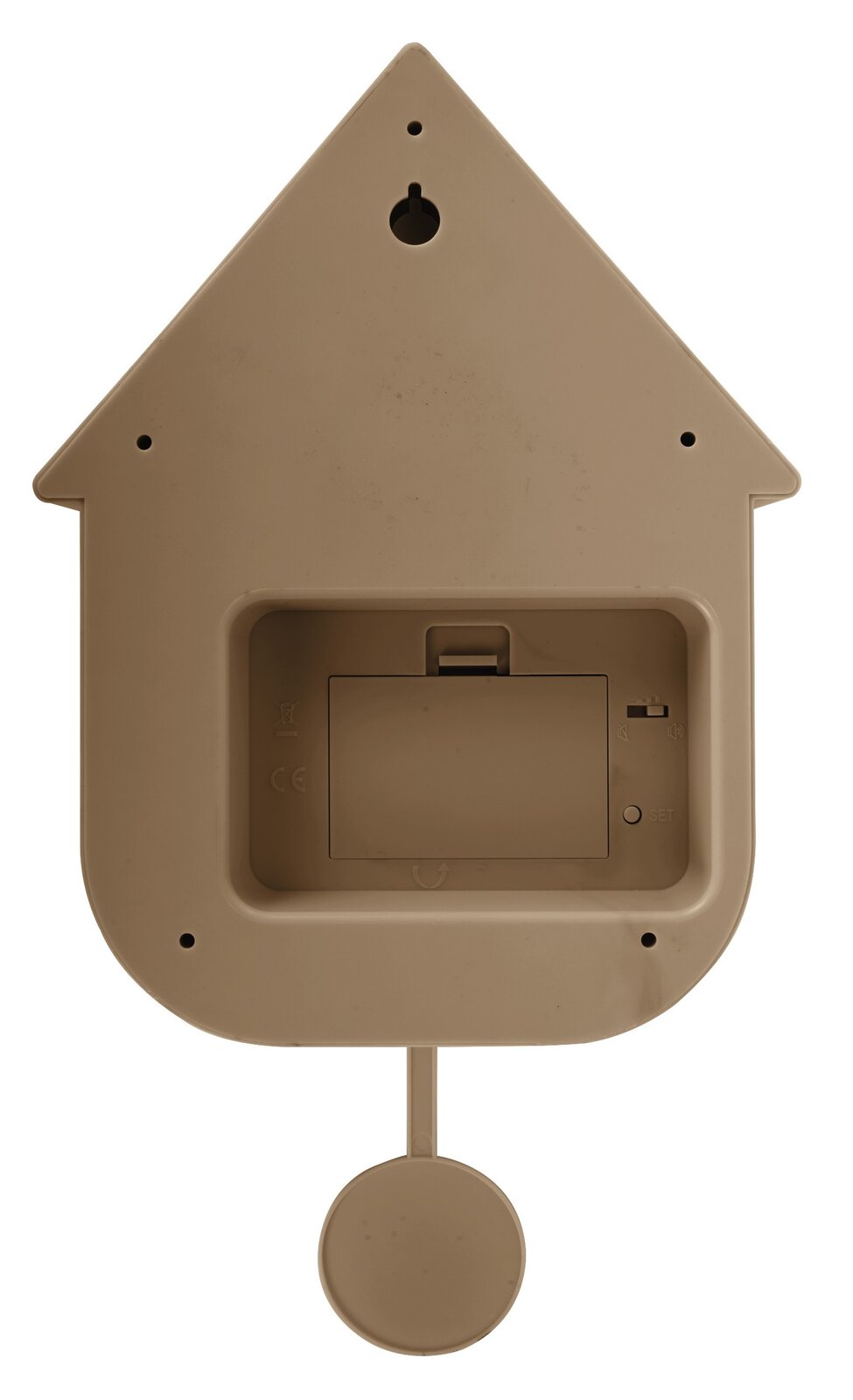 Rückansicht einer braunen Wanduhr in Form eines Hauses mit Batteriefach und Aufhängung.