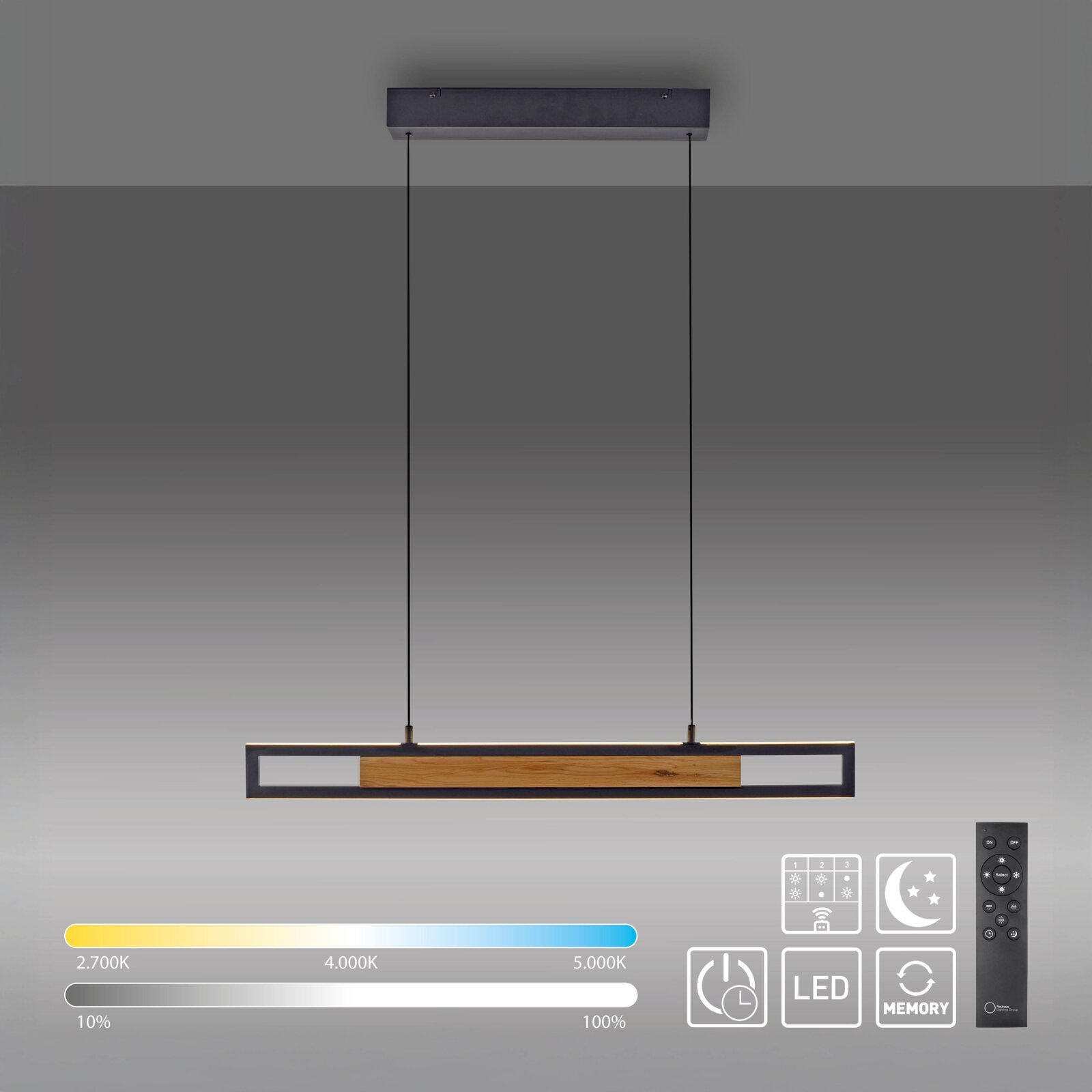 Vooraanzicht van een moderne langwerpige LED-hanglamp met zwart metalen frame, houten accent en afstandsbediening voor dimmen en instelbare kleurtemperatuur.