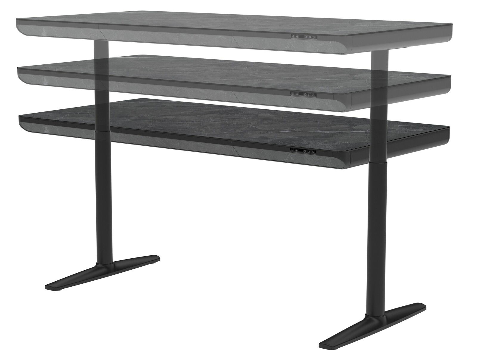 Höhenverstellbarer E-Schreibtisch in seitlicher Perspektive mit drei verschiedenen Höhenstufen.