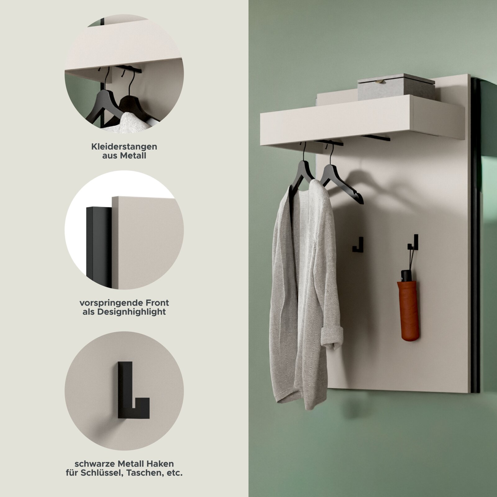 Moderne Wandgarderobe in Weiß mit vorspringender Ablage, Metall-Kleiderstangen und schwarzen Haken; schräg von vorn (3/4-Perspektive) an der Wand montiert, mit Bügeln und hängendem Bademantel