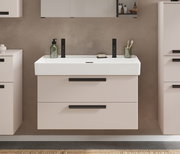 Modernes Waschtisch-Set mit zwei Armaturen, frontal betrachtet, mit stilvollen schwarzen Griffen und einem eleganten, minimalistischen Design.