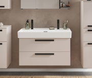 Modernes Waschtisch-Set mit zwei Armaturen, frontal betrachtet, mit stilvollen schwarzen Griffen und einem eleganten, minimalistischen Design.
