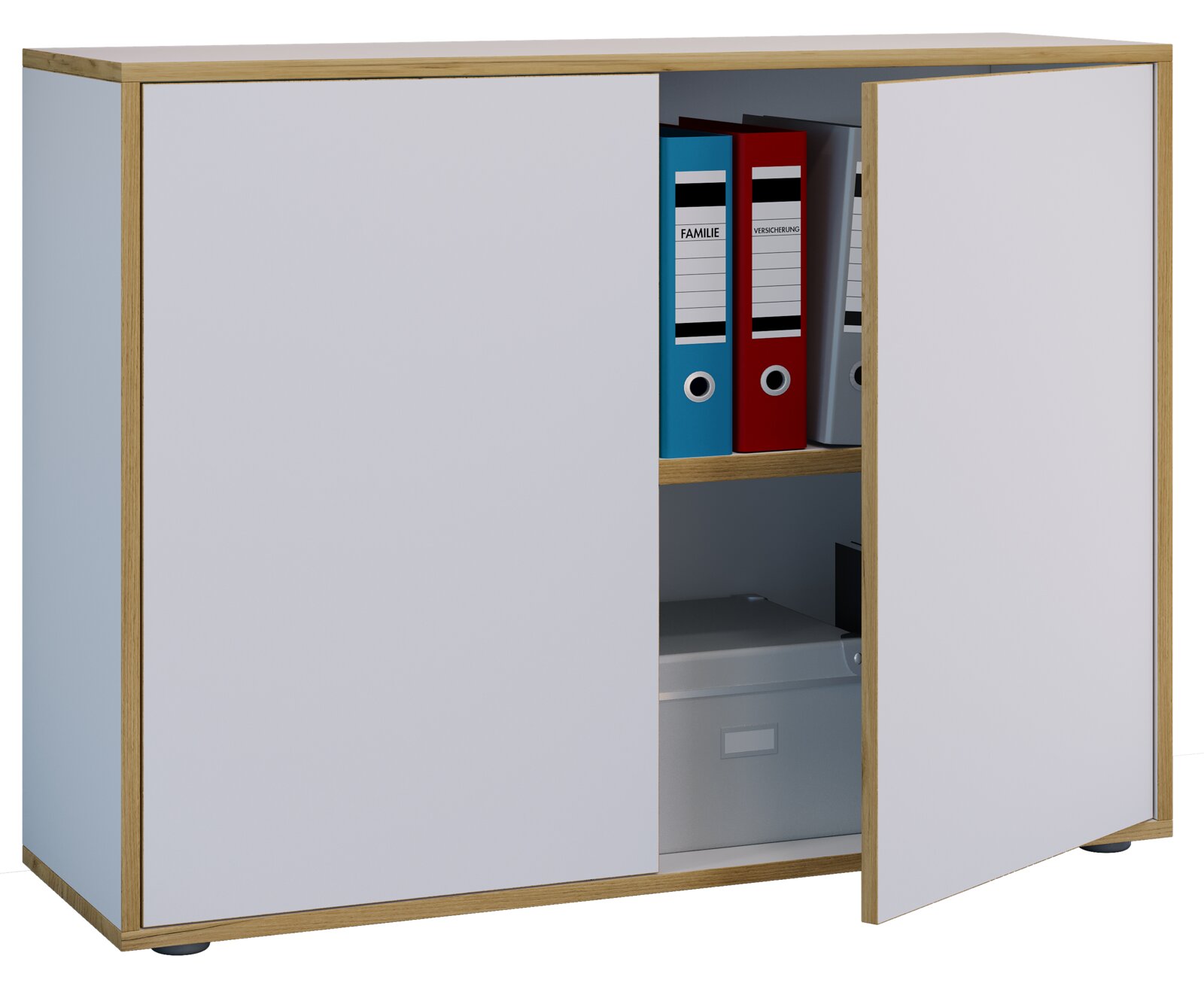 Büro-Aktenschrank mit Holzrahmen und weißen Türen, eine Tür geöffnet mit Blick auf Ordner und Ablage im Inneren, frontale Perspektive leicht schräg von vorn