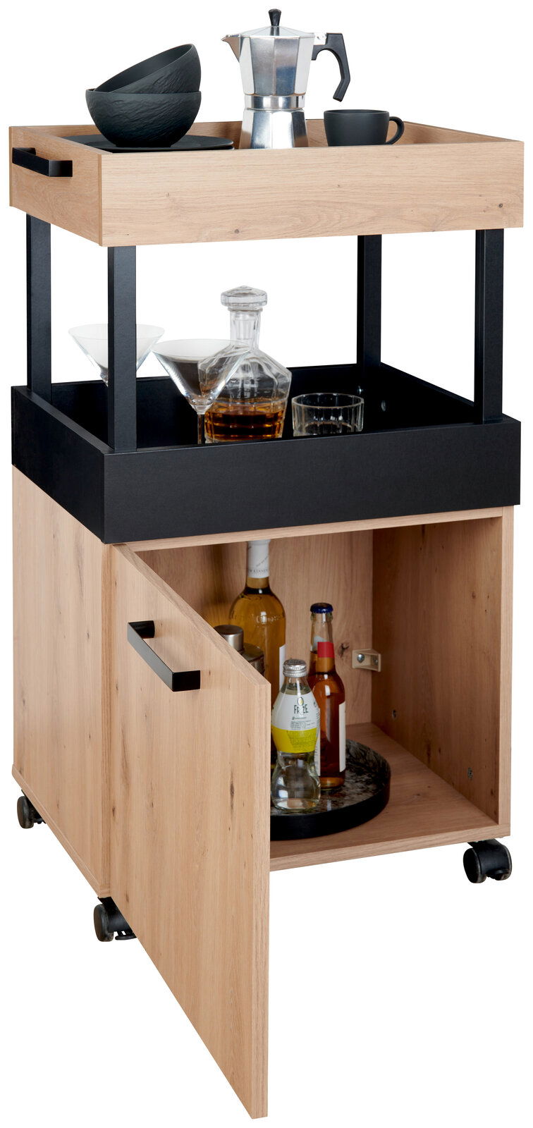 Bar-Servierwagen aus Holz mit schwarzem Metallrahmen, ausgestattet mit einer oberen Ablage für Geschirr und einer unteren Schranktür für Flaschen, auf Rollen für einfache Mobilität, seitliche Perspektive.