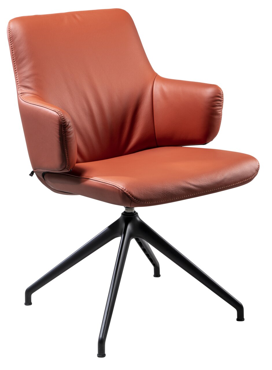 Moderne fauteuil met bruine lederen bekleding en een zwart metalen frame, zijaanzicht