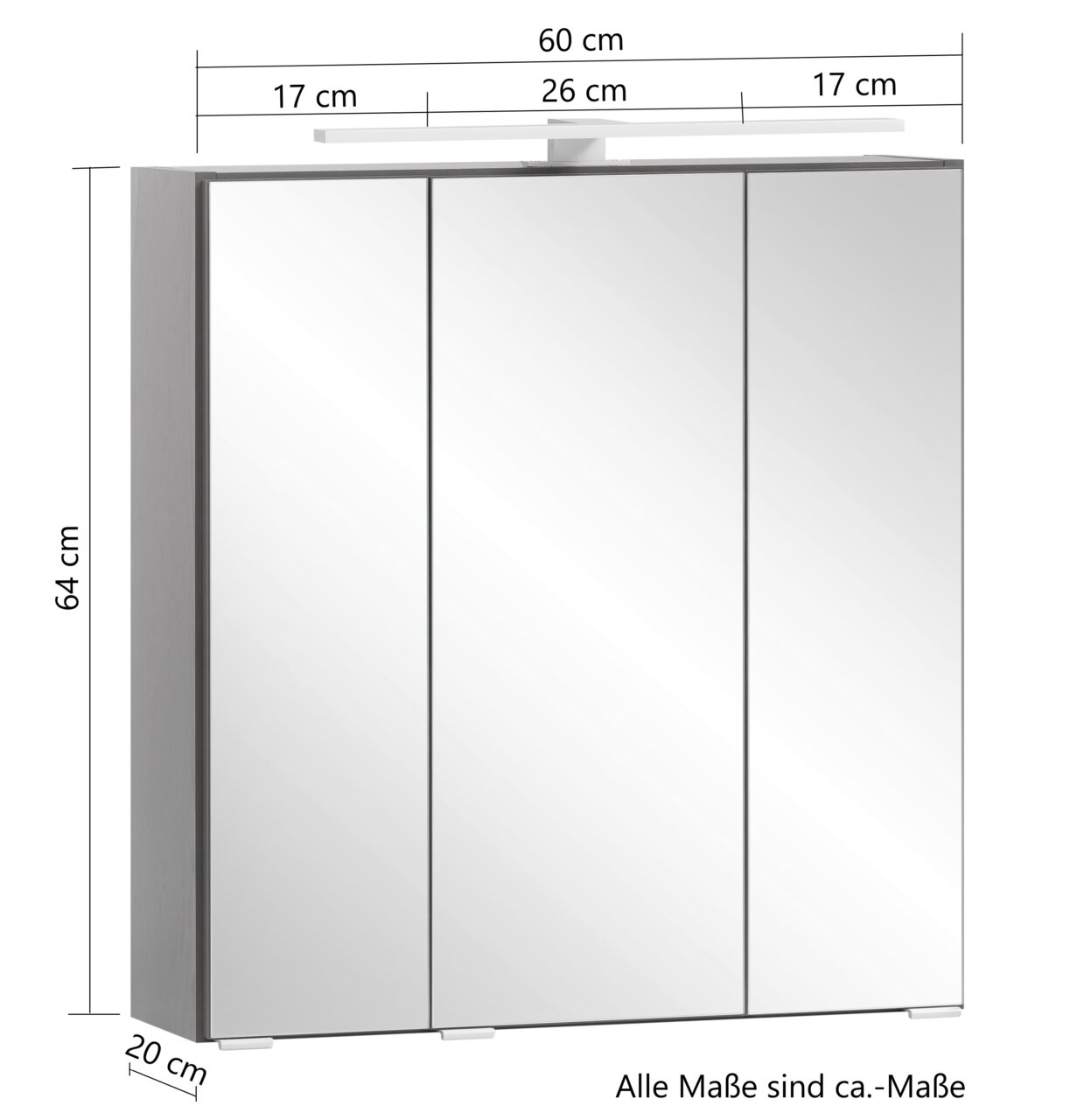 Spiegelschrank mit drei Türen, Frontansicht, Maße 60 cm Breite, 64 cm Höhe, 20 cm Tiefe, mit integrierter Beleuchtung oben.