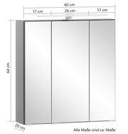 Spiegelschrank mit drei Türen, Frontansicht, Maße 60 cm Breite, 64 cm Höhe, 20 cm Tiefe, mit integrierter Beleuchtung oben.