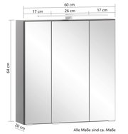 Spiegelschrank mit drei Türen, Frontansicht, Maße 60 cm Breite, 64 cm Höhe, 20 cm Tiefe, mit integrierter Beleuchtung oben.