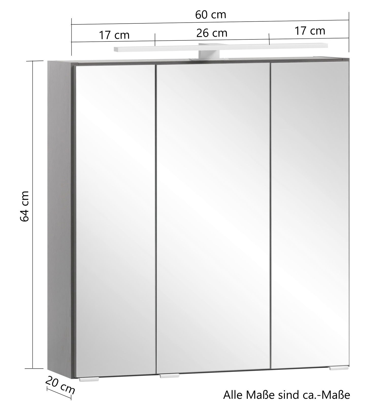 Spiegelschrank mit drei Türen, Frontansicht, Maße 60 cm Breite, 64 cm Höhe, 20 cm Tiefe, mit integrierter Beleuchtung oben.