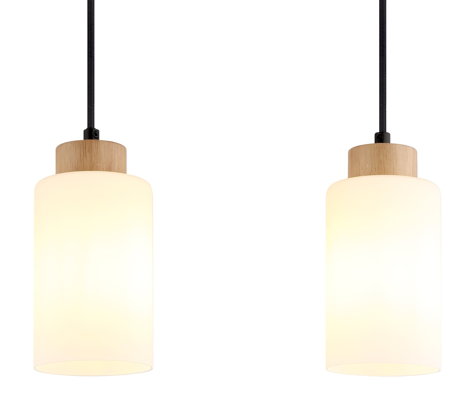 Twee moderne hanglampen met een cilindrische, opaalwitte glazen kap en een houten detail aan de bovenrand, aan zwarte kabels tegen een witte achtergrond, vooraanzicht
