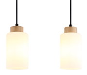 Twee moderne hanglampen met een cilindrische, opaalwitte glazen kap en een houten detail aan de bovenrand, aan zwarte kabels tegen een witte achtergrond, vooraanzicht