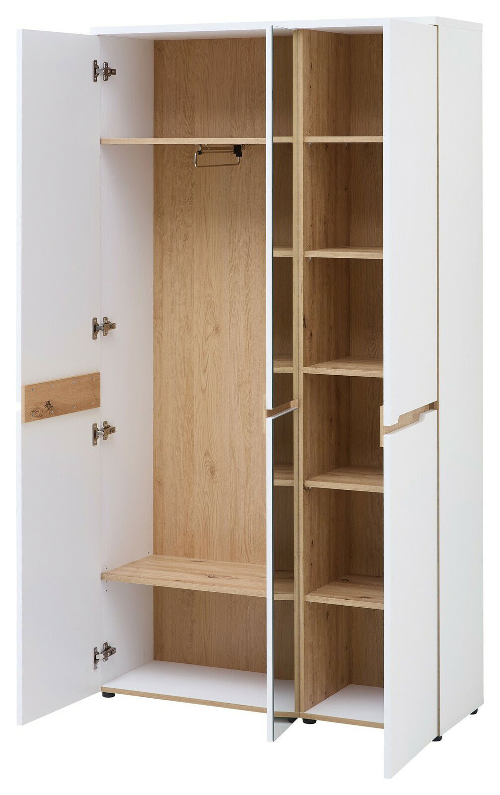 Offener weißer Kleiderschrank mit Holzelementen, linke Tür geöffnet, zeigt Kleiderstange und Regalböden, Perspektive von vorne.