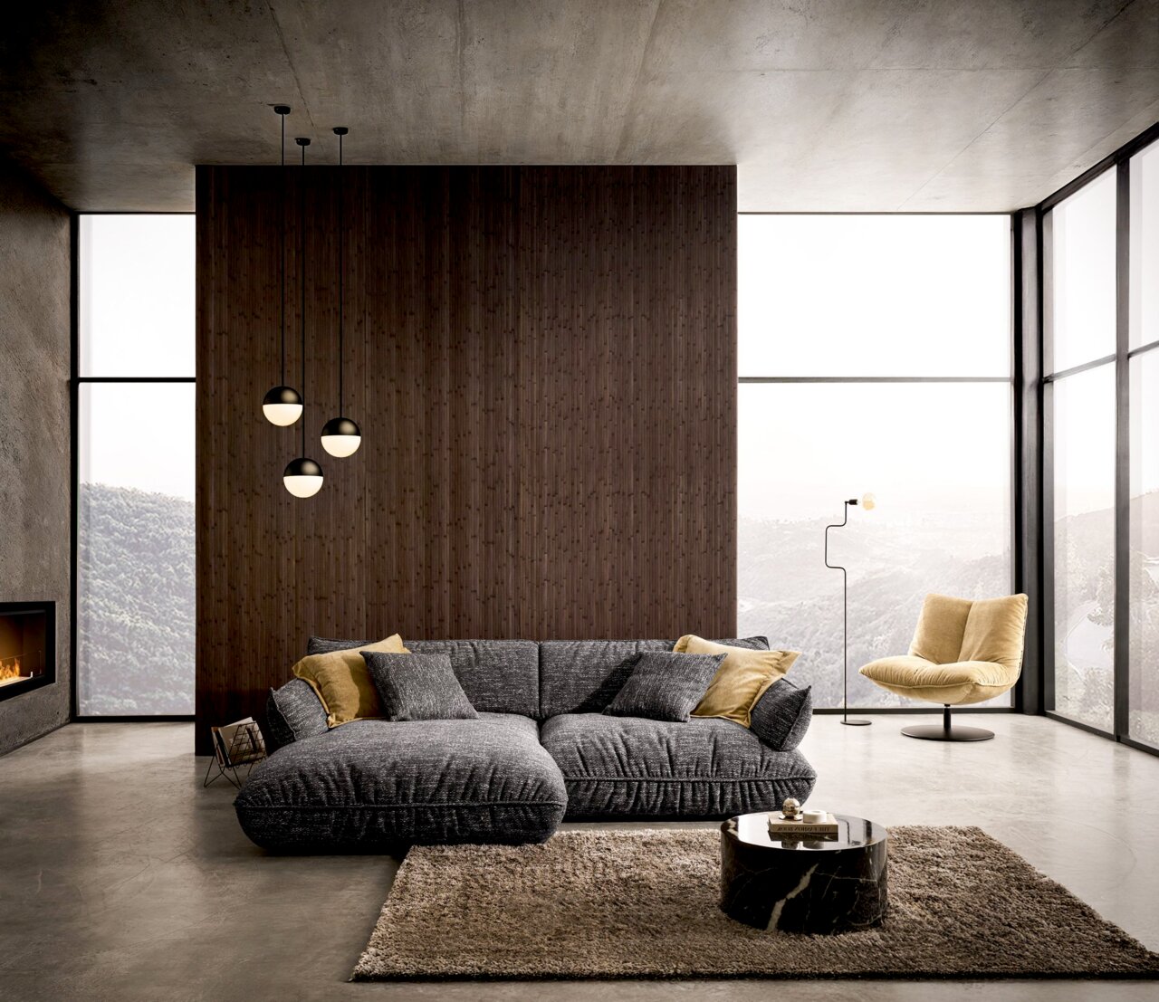 Moderne Longchairkombination in einem stilvollen Wohnzimmer mit großen Fenstern und Bergblick, aus der Frontalperspektive aufgenommen.