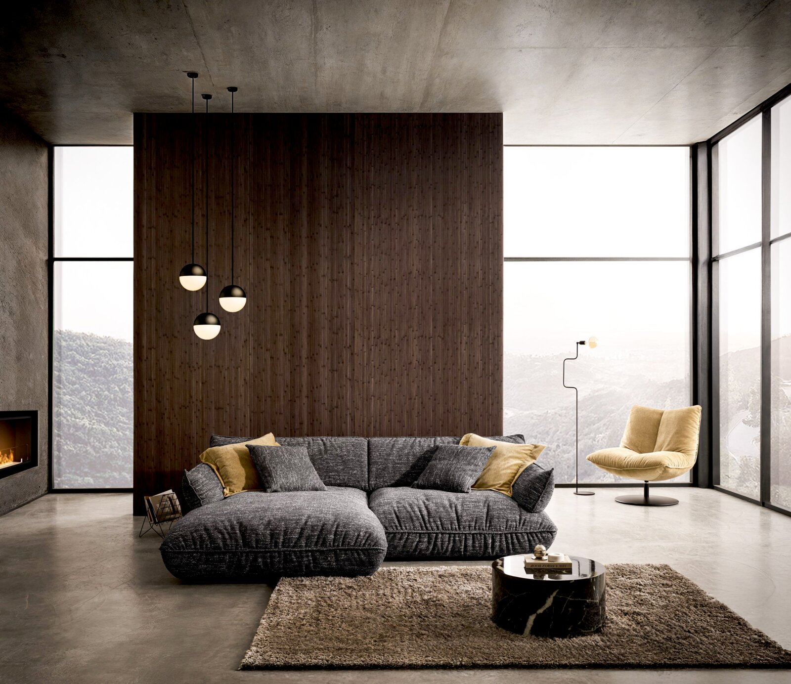 Moderne longchair-combinatie in een stijlvolle woonkamer met grote ramen en uitzicht op de bergen, gefotografeerd vanuit een vooraanzicht.