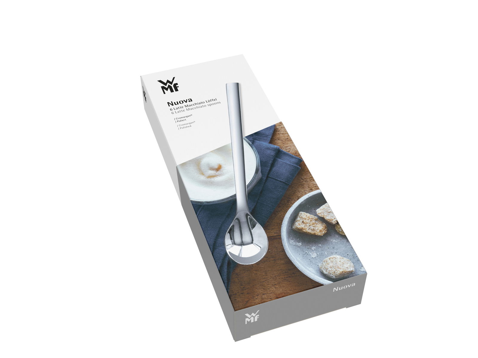 Verpackung eines Latte Macchiato-Löffels der Marke Nuova, frontal fotografiert, mit Abbildung eines Löffels und einer Tasse Kaffee.