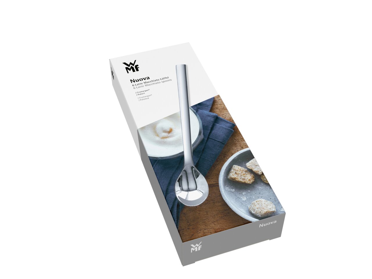 Verpackung eines Latte Macchiato-Löffels der Marke Nuova, frontal fotografiert, mit Abbildung eines Löffels und einer Tasse Kaffee.