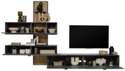 Moderne Wandkombination mit Regalen und Dekorationen, inklusive TV, aus frontaler Perspektive.
