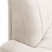 Nahaufnahme der 2er-Sitzbank Novel Sitzbank LAILA in cremefarbenem Stoff mit gestepptem Design, seitliche Perspektive