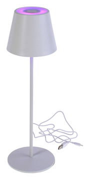 LED Tischleuchte Lys in Weiß mit violettem Lichtschein von oben betrachtet, USB-Kabel sichtbar