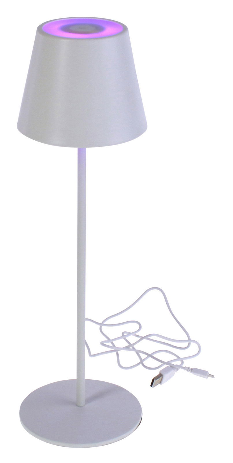 LED Tischleuchte Lys in Weiß mit violettem Lichtschein von oben betrachtet, USB-Kabel sichtbar