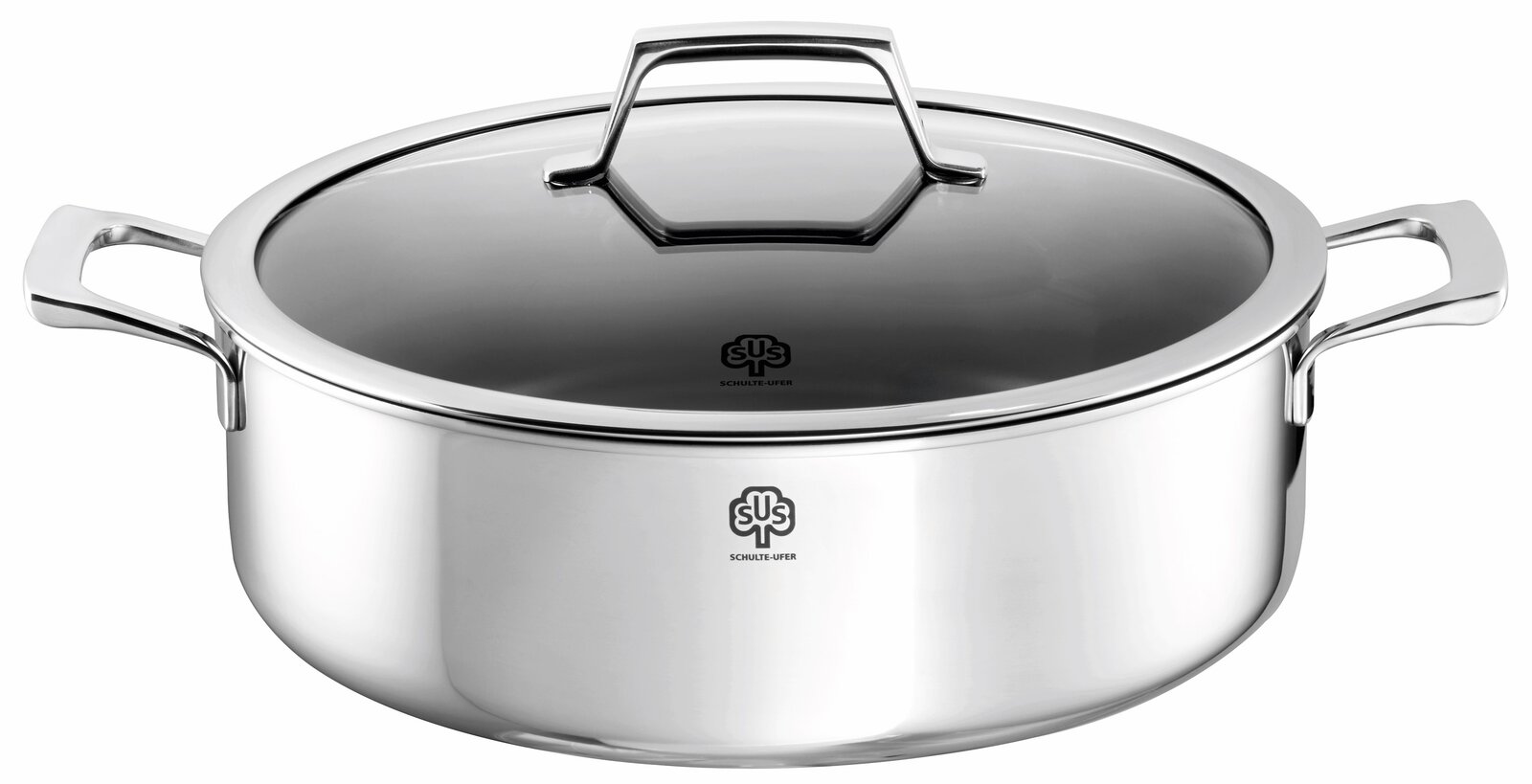 Edelstahl-Bräter/Schmorpfanne von Schulte-Ufer mit Glasdeckel und zwei seitlichen Griffen, freigestellt auf weißem Hintergrund, Frontansicht leicht von oben