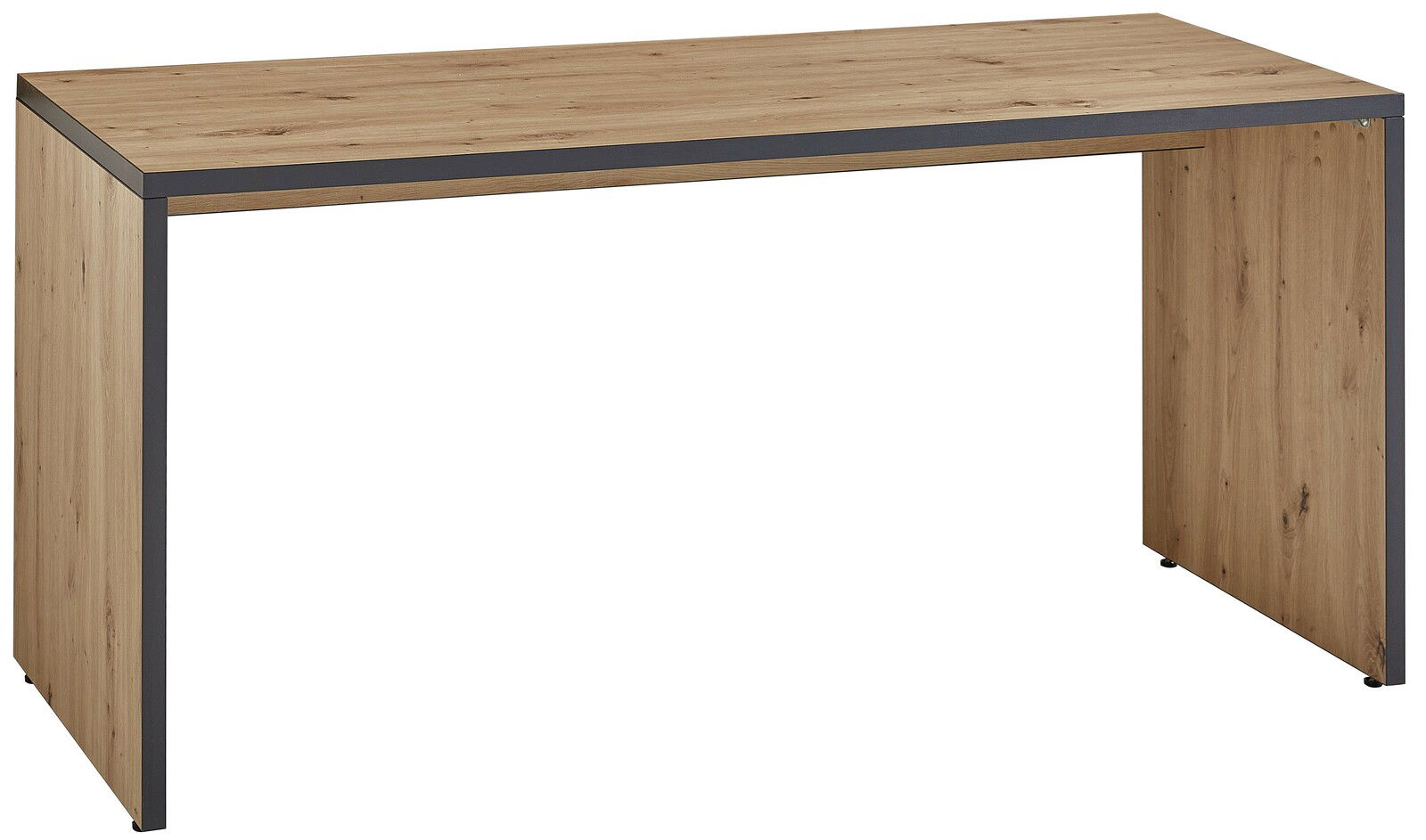 Moderner Schreibtisch aus Holz mit Metallrahmen, seitliche Perspektive