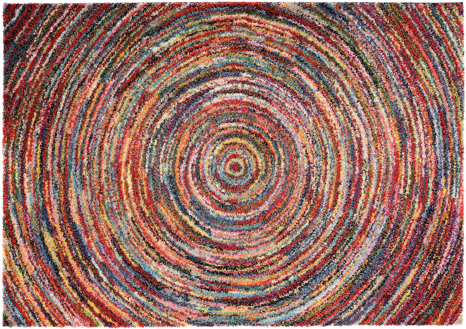 Bunte, runde Teppichansicht von oben mit konzentrischen Kreisen in verschiedenen Farben.
