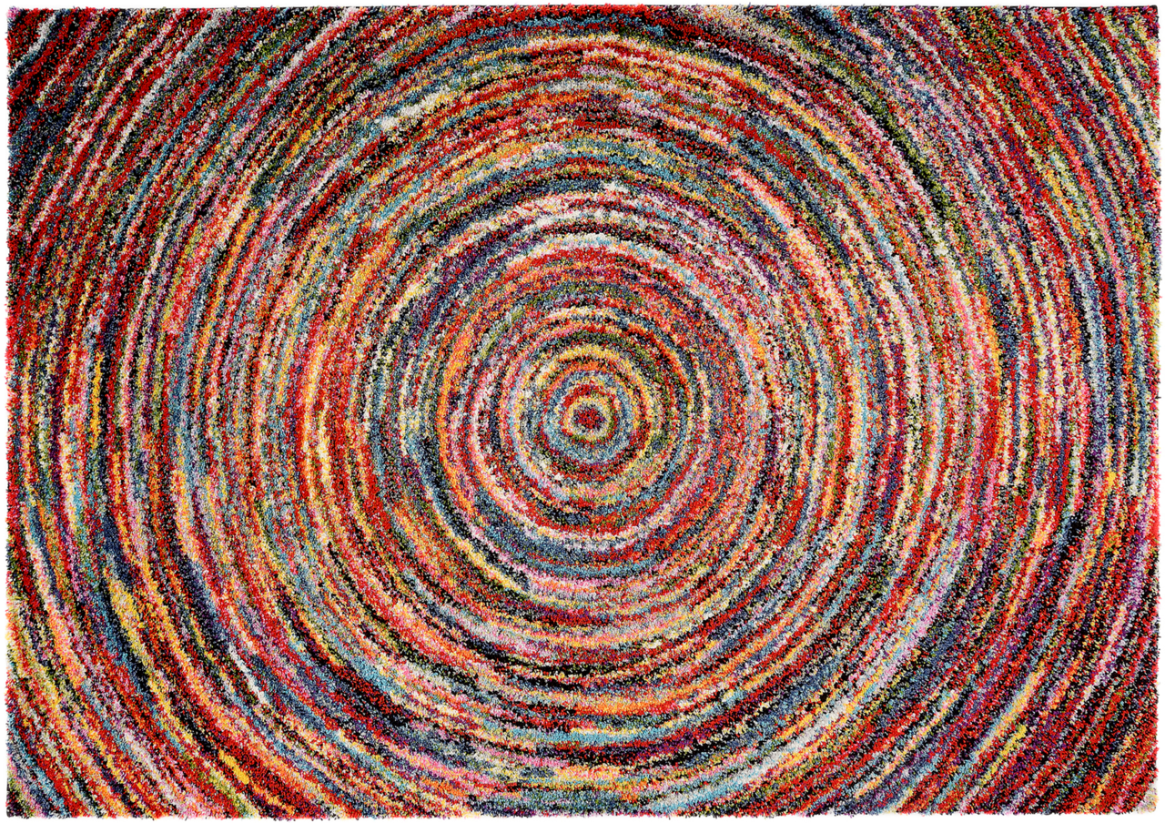 Bunte, runde Teppichansicht von oben mit konzentrischen Kreisen in verschiedenen Farben.