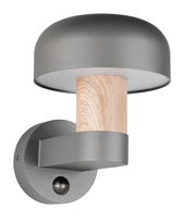 Moderne LED-Außenwandleuchte mit grauem Schirm und Holzdetail, seitliche Perspektive