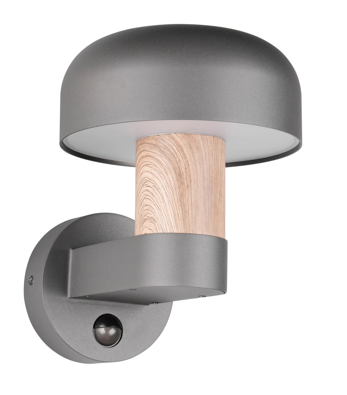 Moderne LED-Außenwandleuchte mit grauem Schirm und Holzdetail, seitliche Perspektive