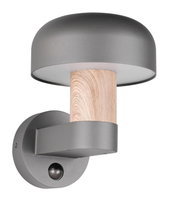 Moderne LED-Außenwandleuchte mit grauem Schirm und Holzdetail, seitliche Perspektive