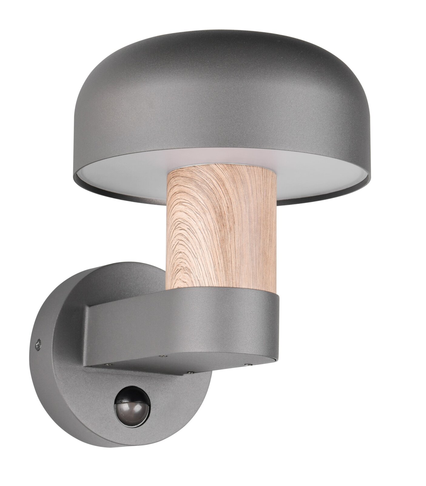 Moderne LED-Außenwandleuchte mit grauem Schirm und Holzdetail, seitliche Perspektive