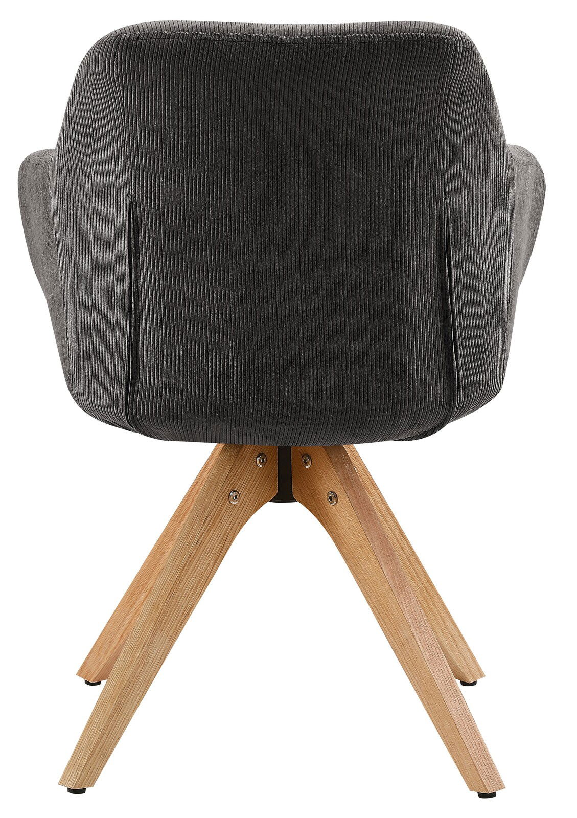 Rückansicht eines Armlehnstuhls mit grauem Stoffbezug und Holzbeinen