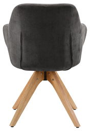 Rückansicht eines Armlehnstuhls mit grauem Stoffbezug und Holzbeinen