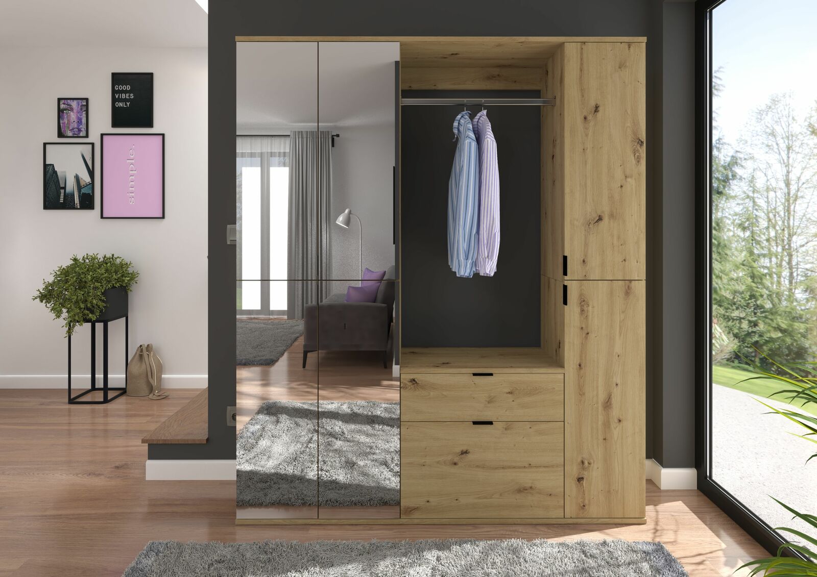 Garderobenkombination aus Holz mit Spiegel, offene Perspektive auf Kleiderstange und Schubladen, im modernen Wohnraum.