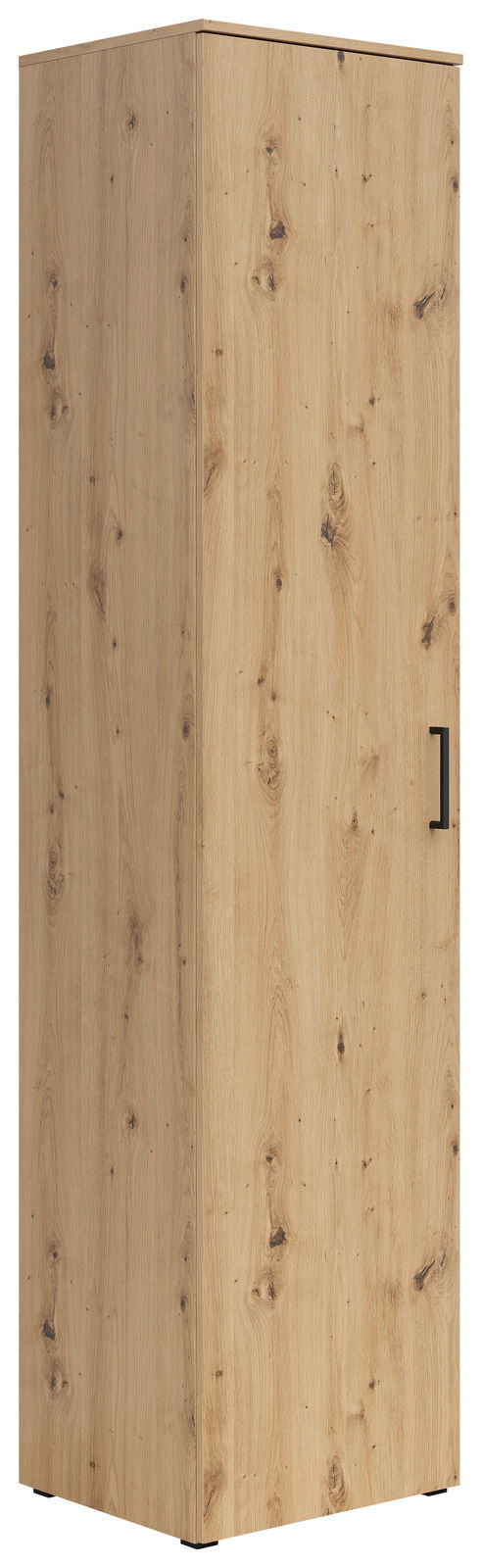 Mehrzweckschrank aus Holz mit natürlicher Maserung, seitliche Perspektive