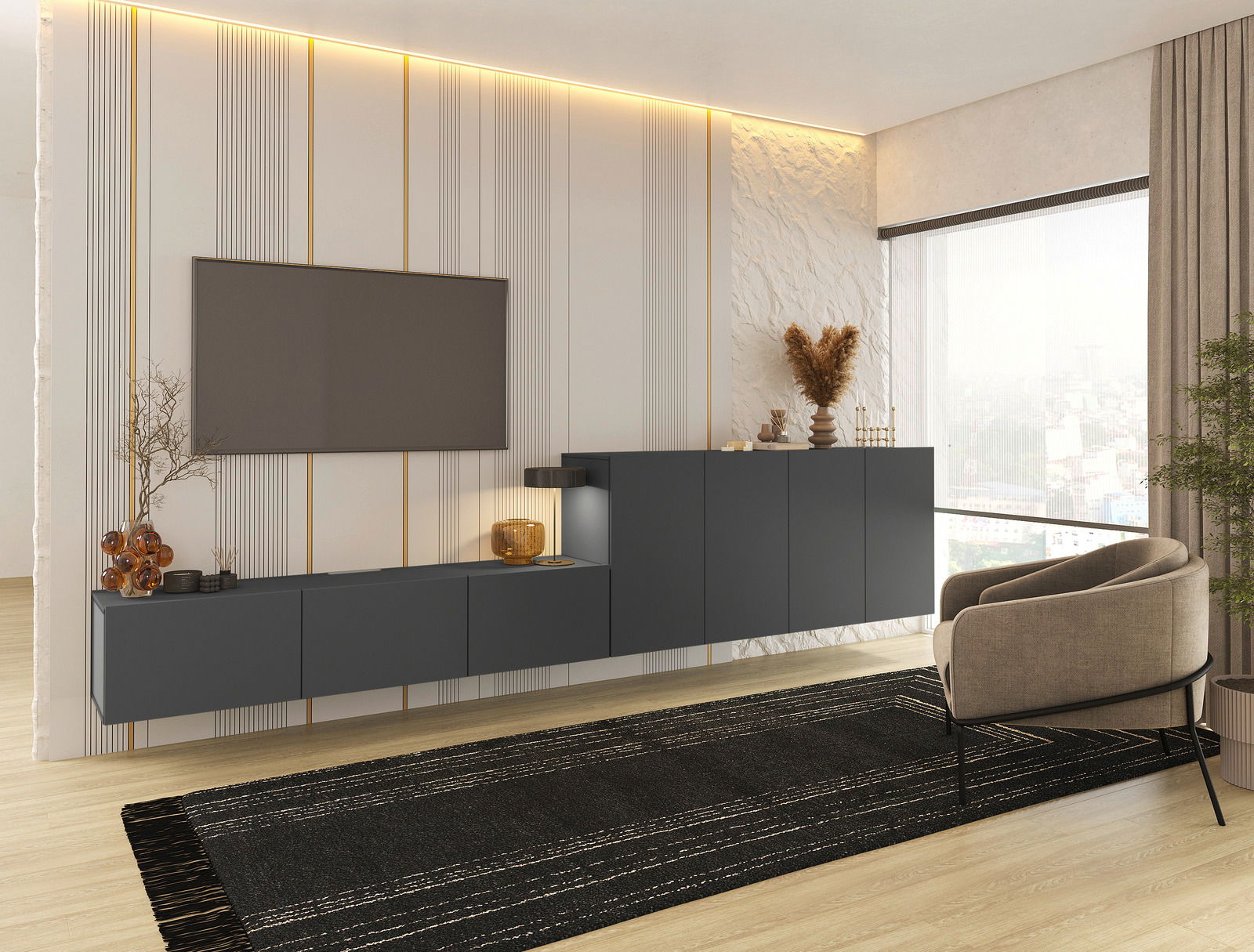 Modernes TV-Hängelowboard in dunklem Design, seitliche Perspektive, montiert an einer stilvollen Wand mit dekorativen Elementen.