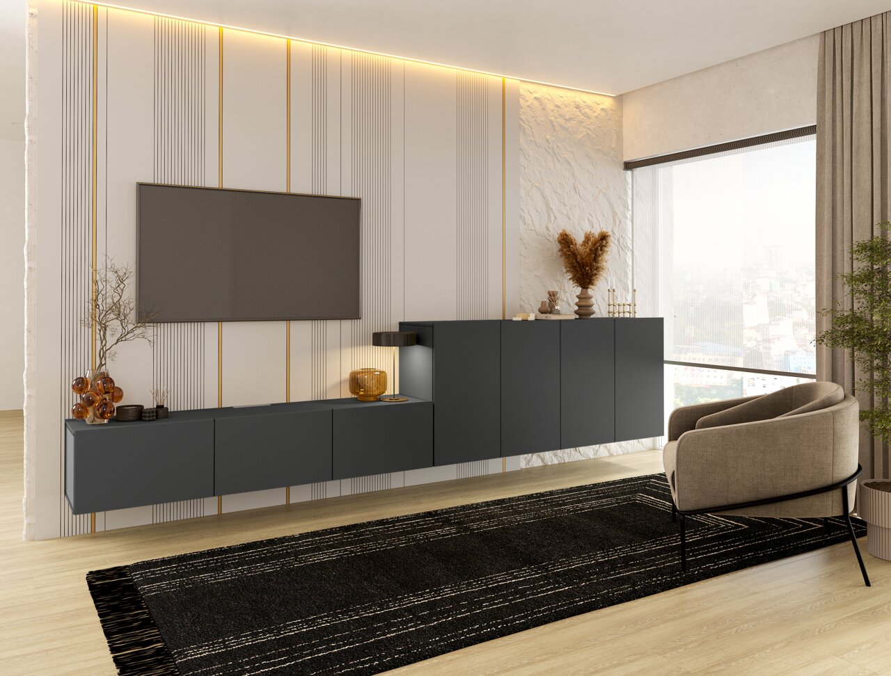 Modernes TV-Hängelowboard in dunklem Design, seitliche Perspektive, montiert an einer stilvollen Wand mit dekorativen Elementen.