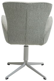 Rückansicht eines Armlehnstuhls mit grauem Stoffbezug und drehbarem Metallfuß