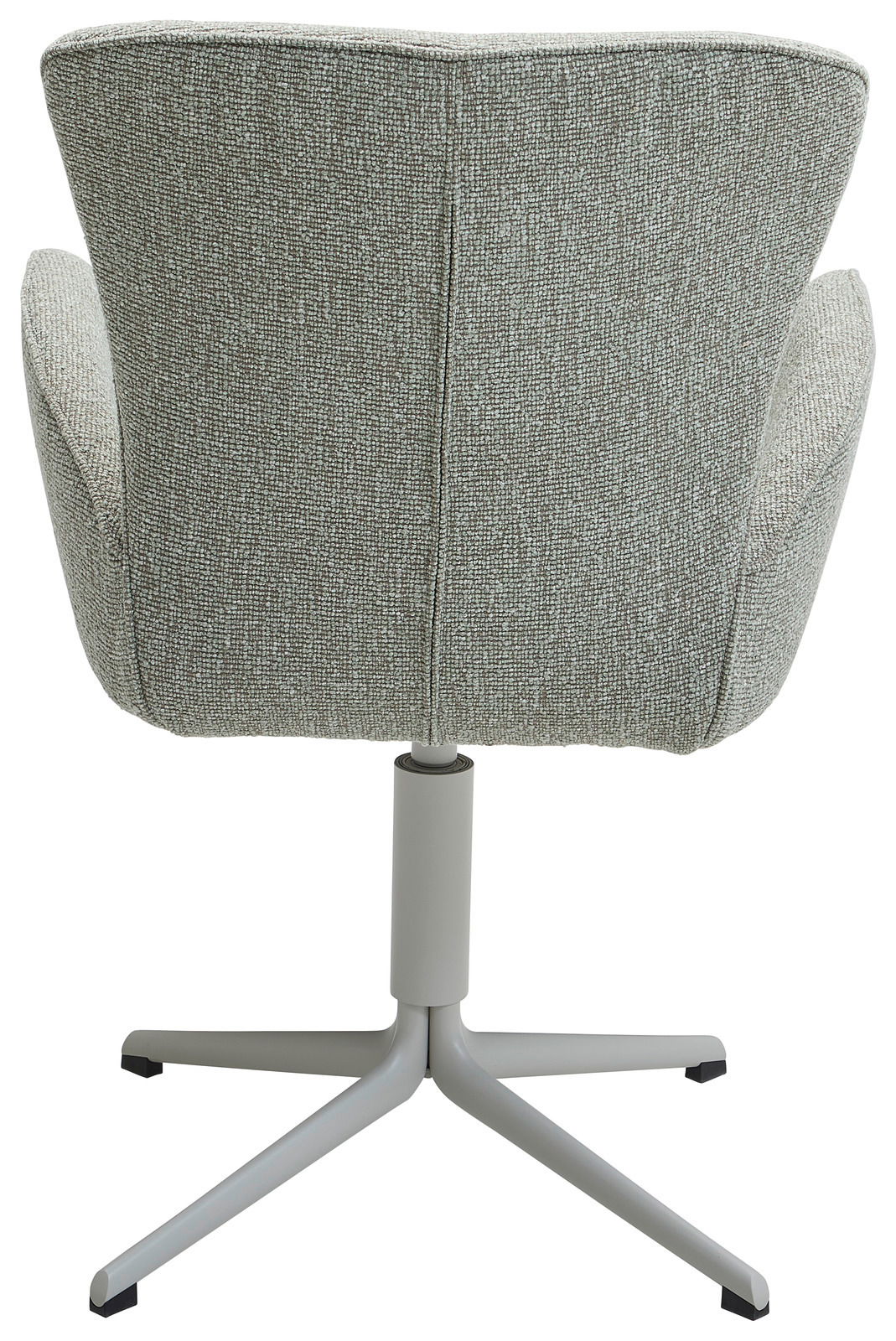 Rückansicht eines Armlehnstuhls mit grauem Stoffbezug und drehbarem Metallfuß