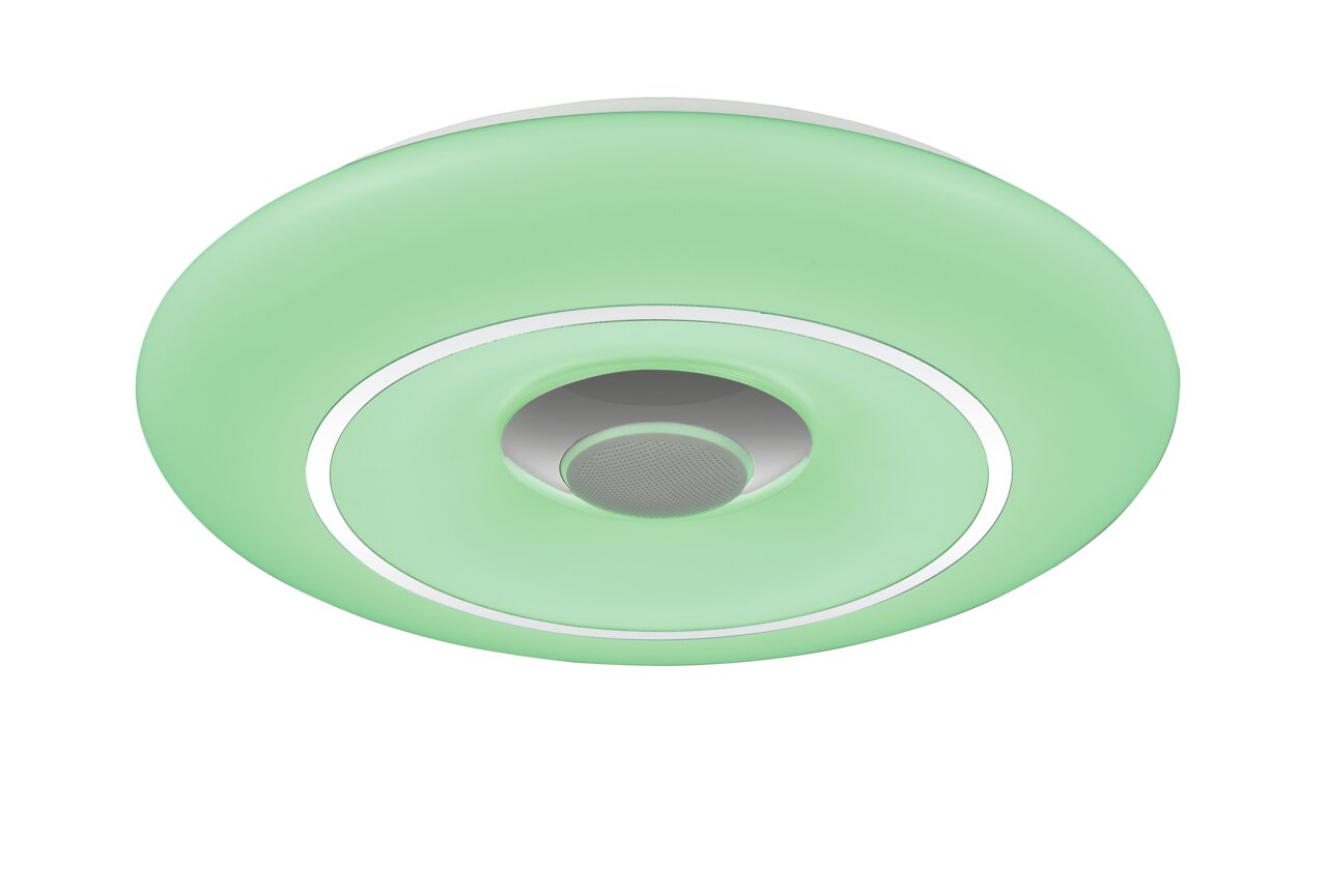 Grüne LED-Deckenleuchte von unten betrachtet mit modernem Design und zentralem Lautsprecher.