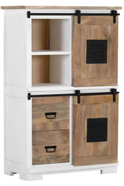 Hochschrank im industriellen Stil mit Schiebetüren und Schubladen aus Holz, seitliche Perspektive