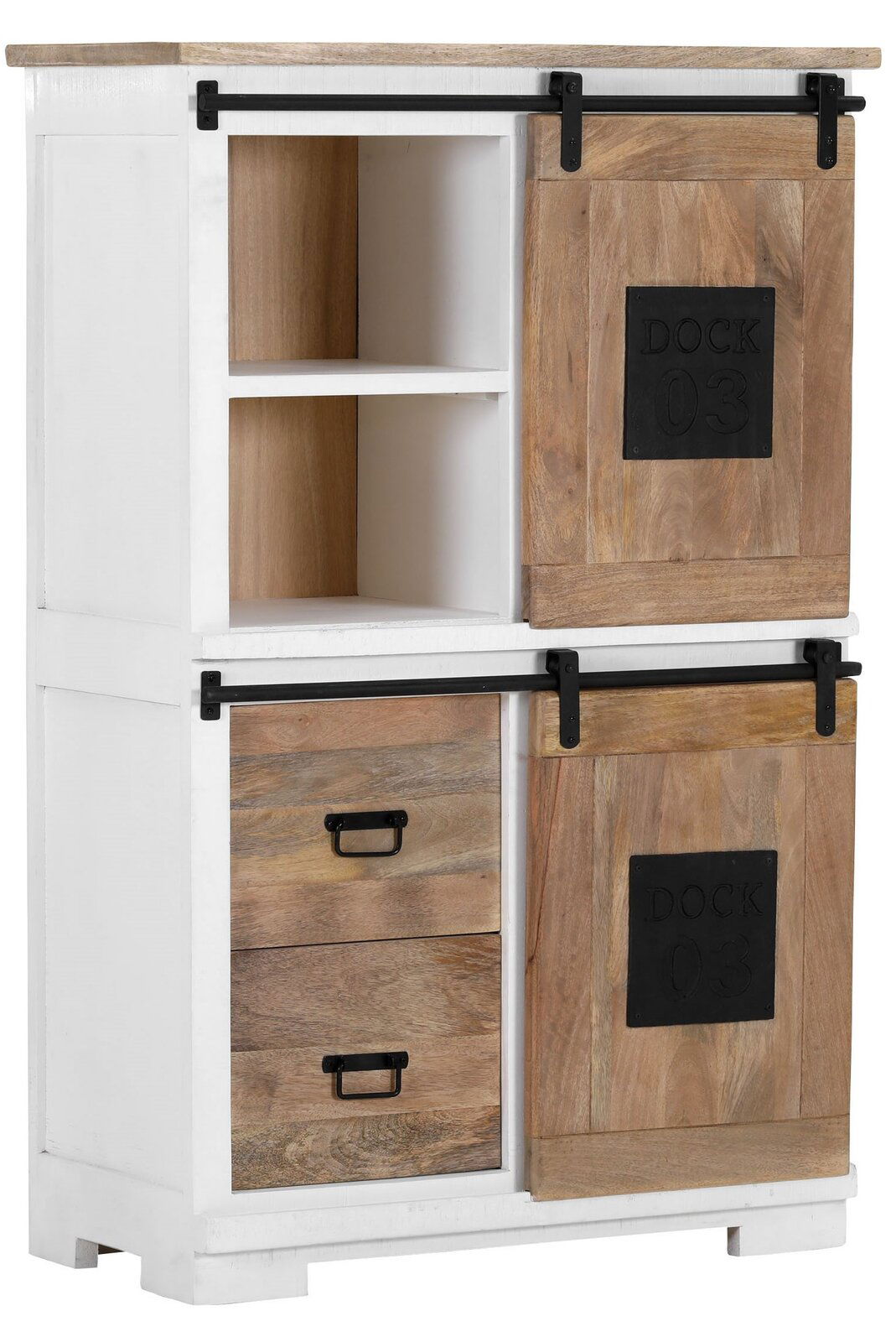 Landscape Highboard DOCK Hochschrank im industriellen Stil mit Schiebetüren und Schubladen aus Holz, seitliche Perspektive