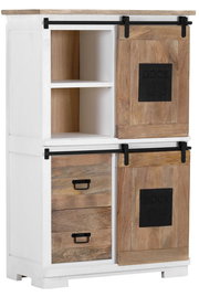 Hochschrank im industriellen Stil mit Schiebetüren und Schubladen aus Holz, seitliche Perspektive