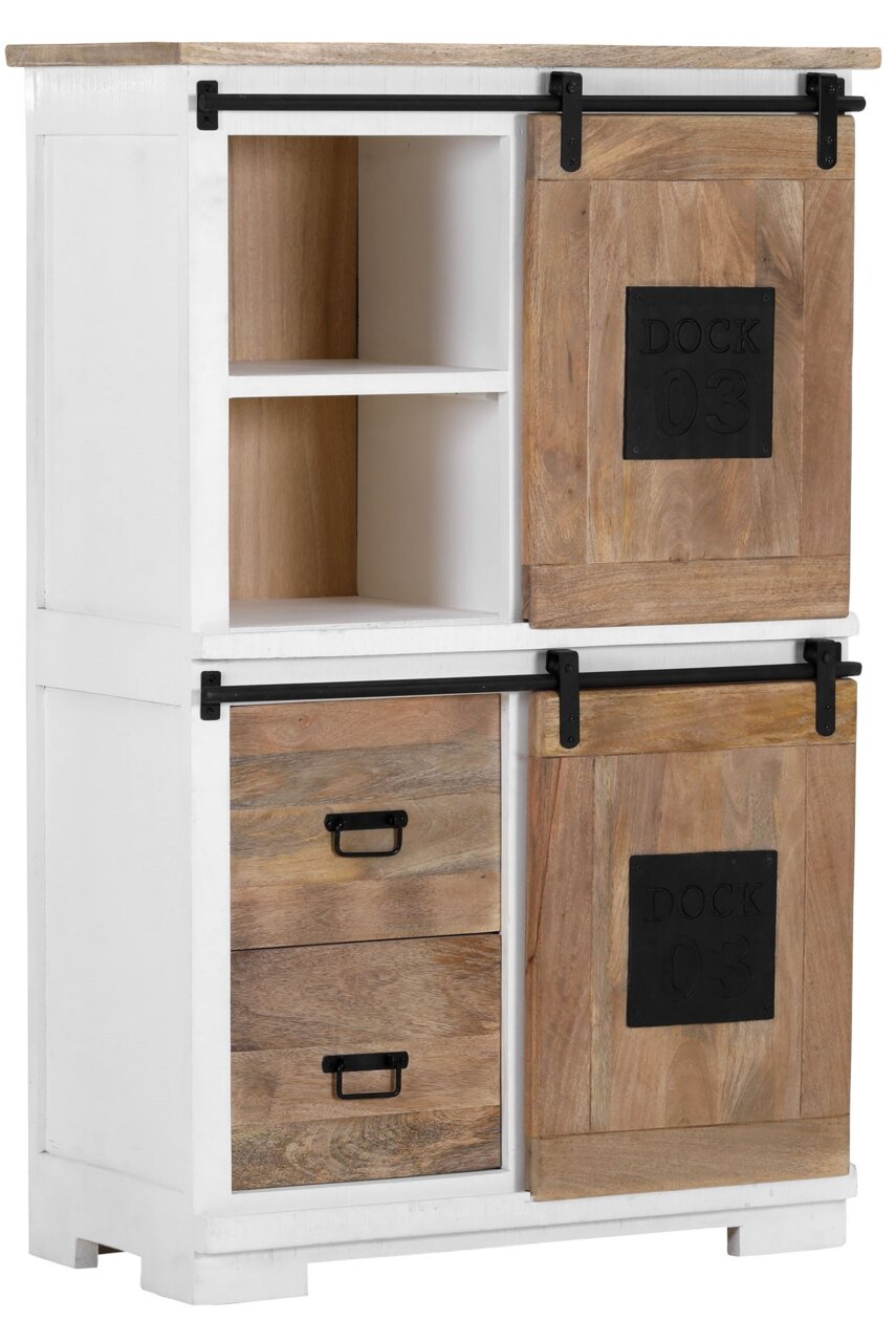 Landscape Hoog dressoir DOCK Hochschrank im industriellen Stil mit Schiebetüren und Schubladen aus Holz, seitliche Perspektive