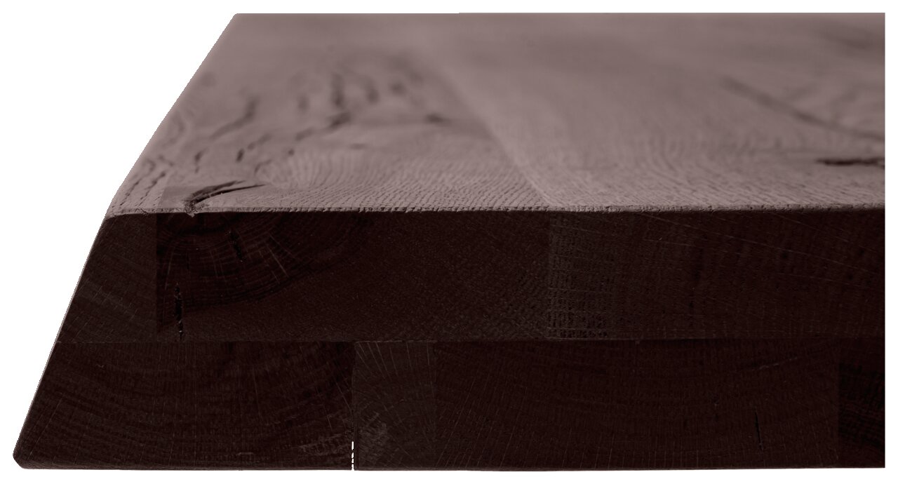 Waldwelt Tischplatte CHALET-PALAZZO Nahaufnahme einer Tischplatte aus dunklem Holz, seitliche Perspektive