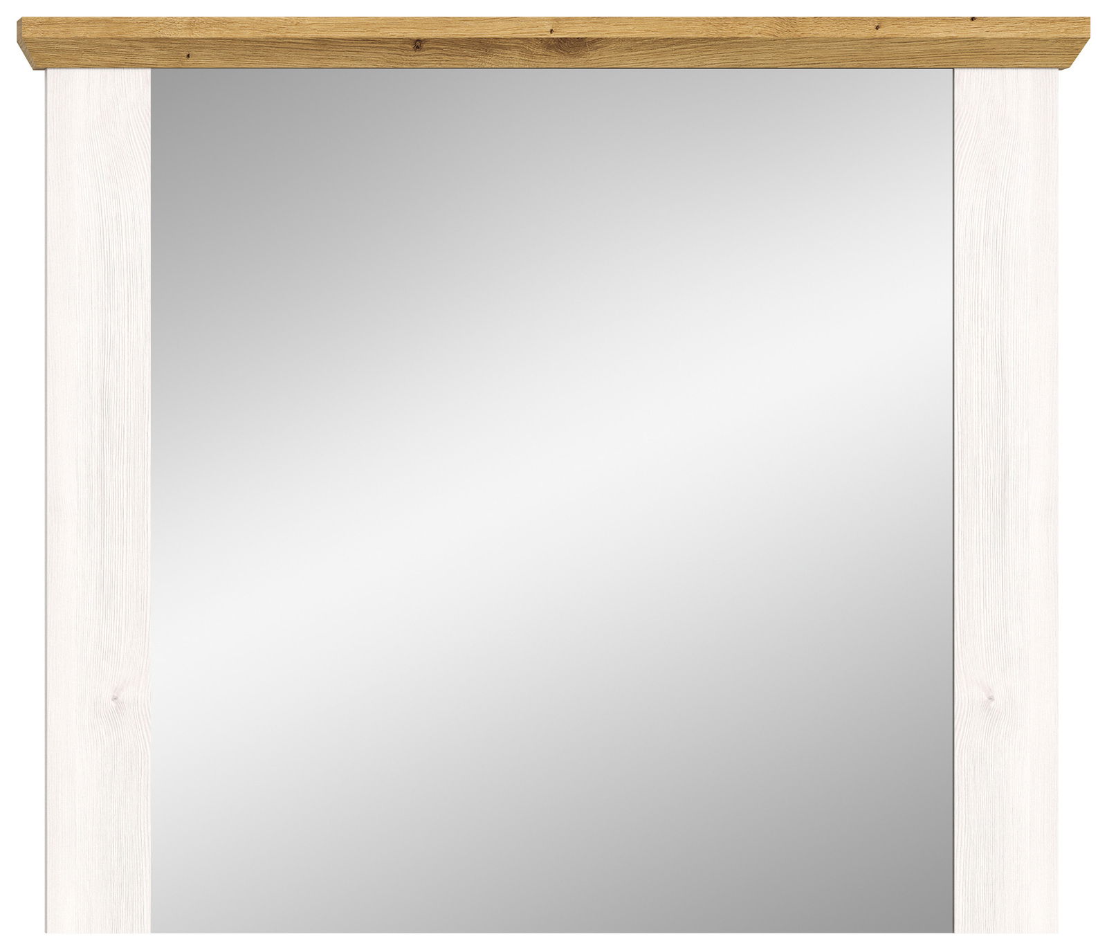 Spiegel mit weißem Rahmen und Holzleiste, Frontalansicht