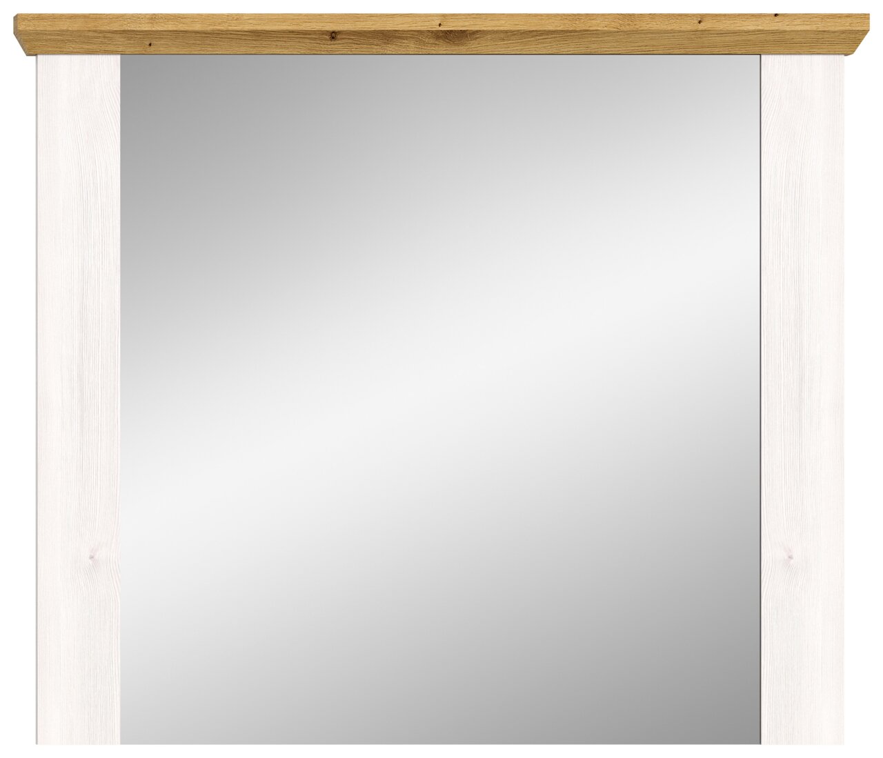 Spiegel mit weißem Rahmen und Holzleiste, Frontalansicht