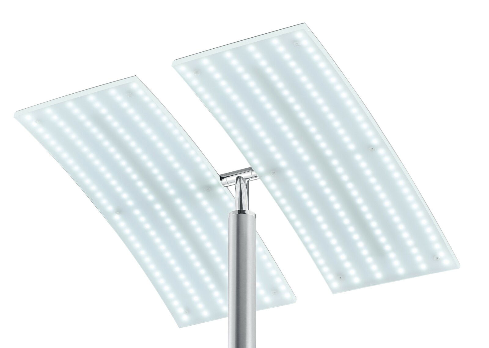 Nahaufnahme der Stehleuchte ANDY mit zwei rechteckigen, leuchtenden LED-Panels in modernem Design.