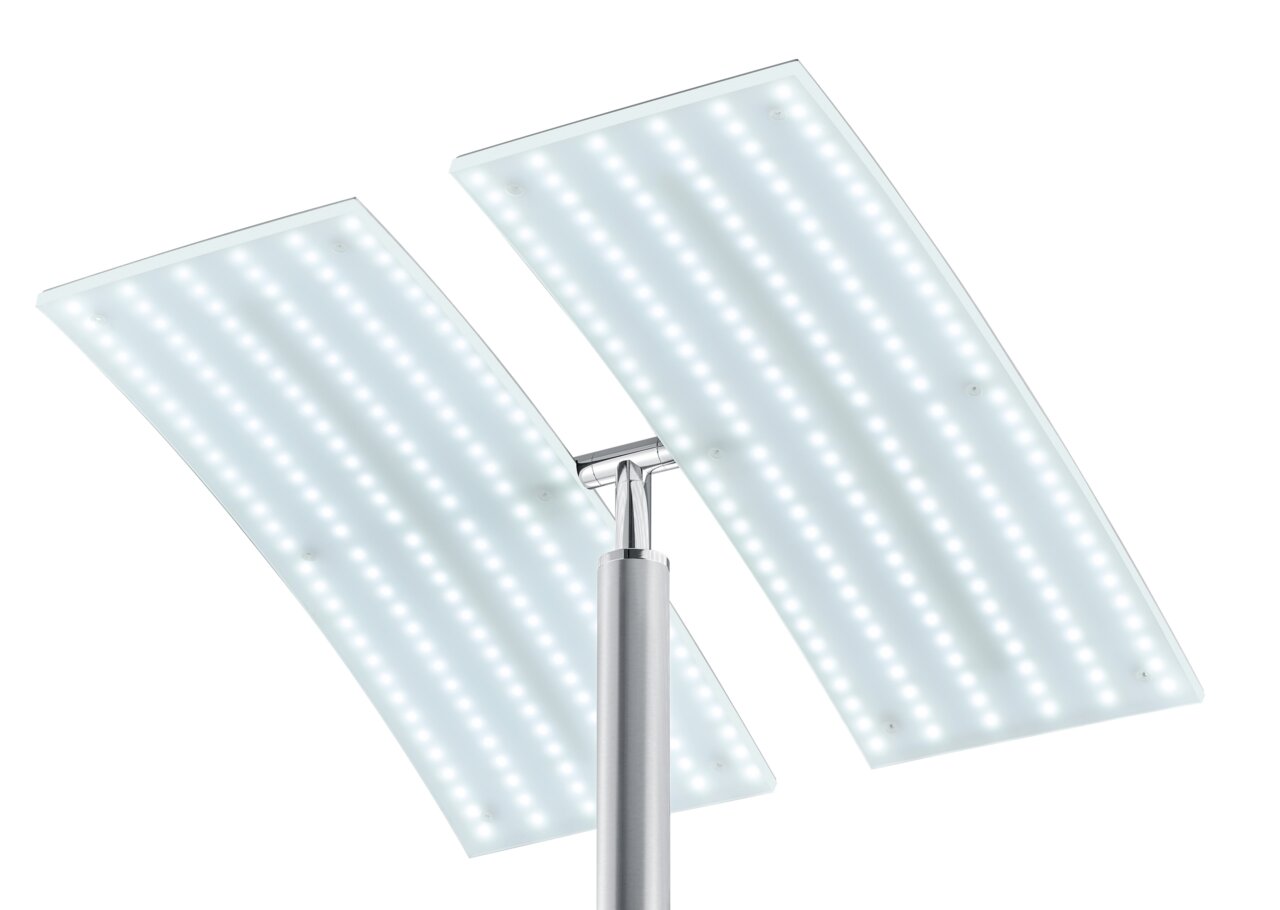 Close-up van de staande lamp ANDY met twee rechthoekige, verlichte ledpanelen in een modern ontwerp.